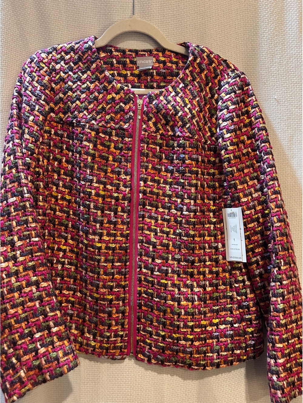Chico's Women's Size 1 Multicolor Tweed Zip-Up Jacket with Pink Trim - New with
